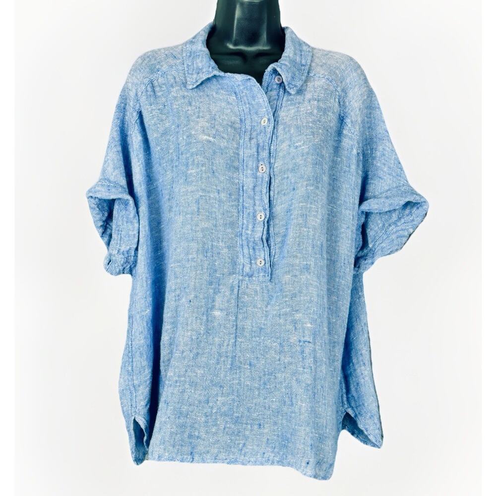 Flax Linen Size 6-10 Sky Blue Boxy Half Button Short Sleeve Top Lagenlook Shirt
